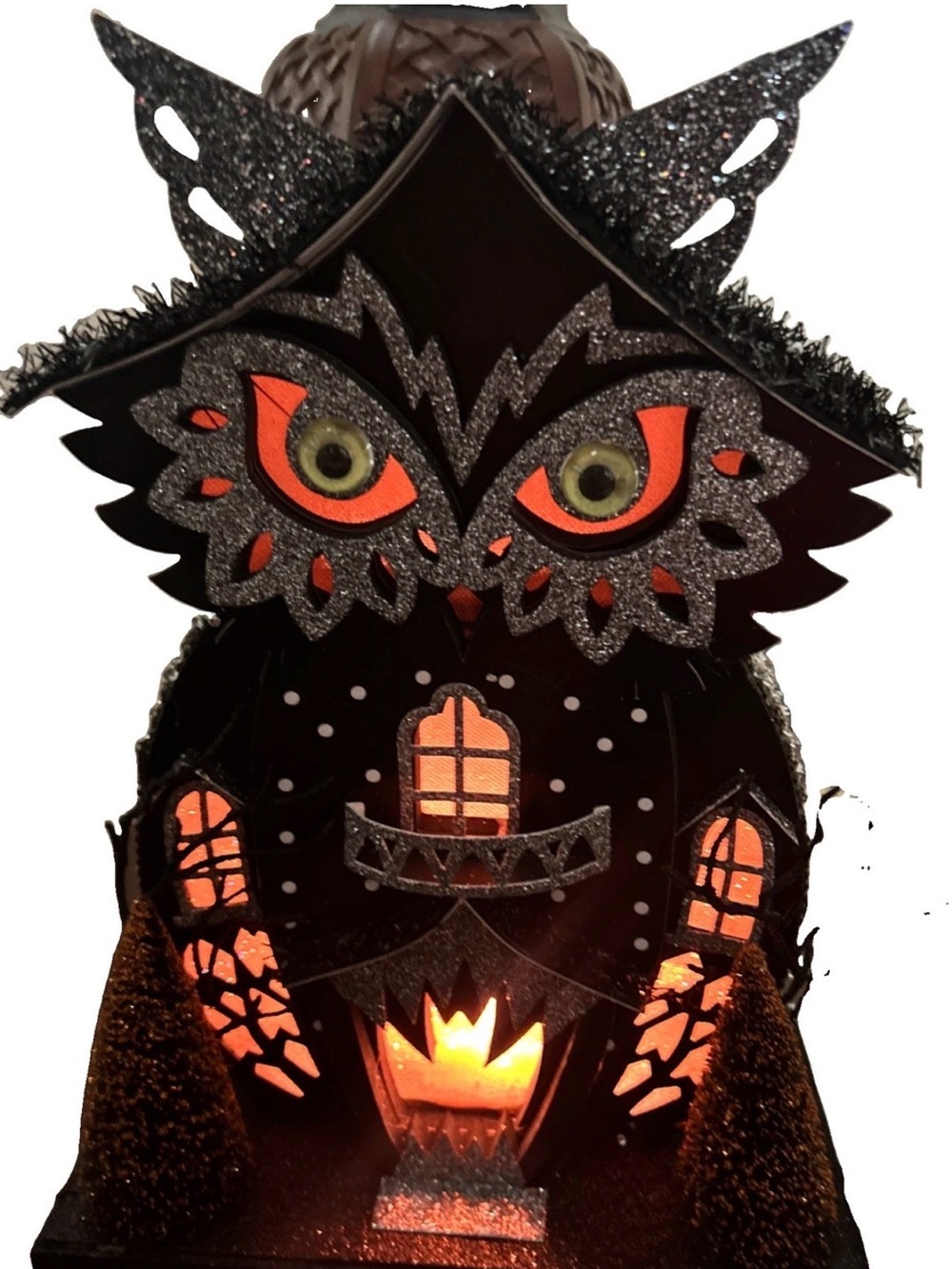 Bella Lux Haunted Halloween Owl Shape Led Light Putz House 12" Bottle Brush Tree